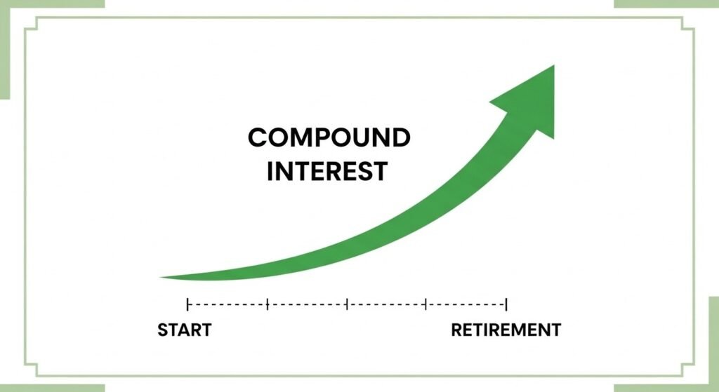 Compound interest growth curve illustration showing wealth acceleration from start to retirement