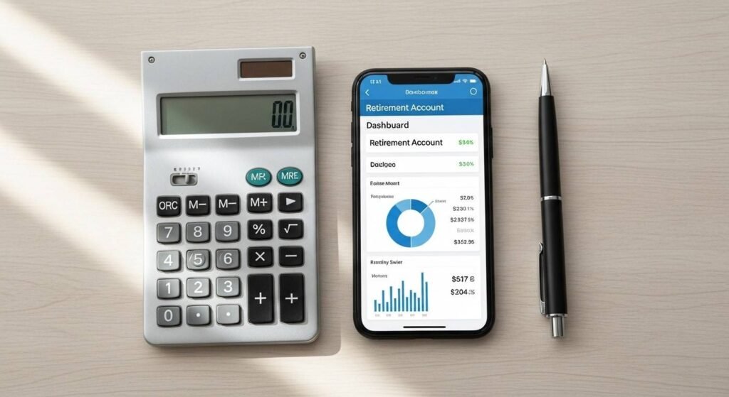 Smartphone showing retirement account dashboard with calculator representing 401k and Roth IRA planning