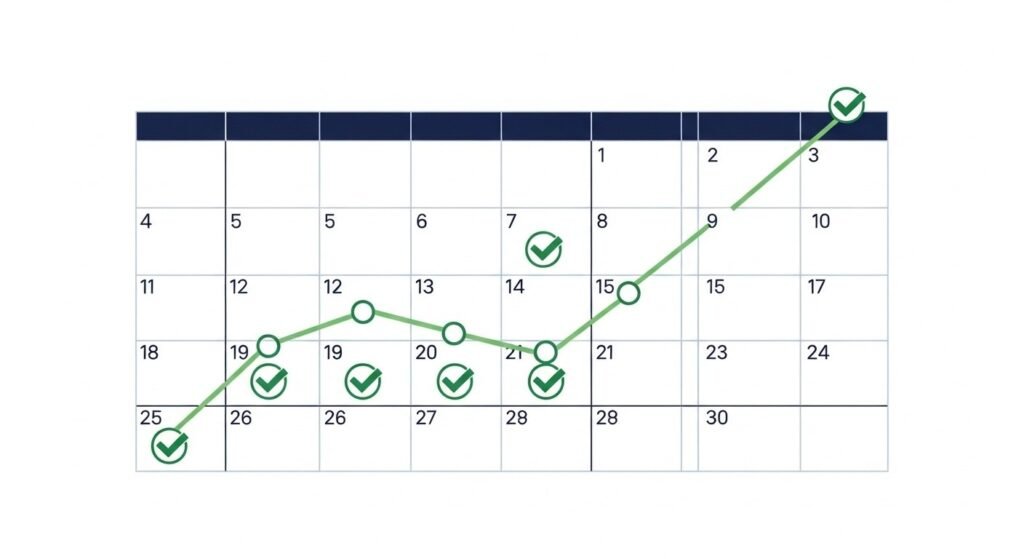 Dollar-cost averaging concept showing recurring monthly investments and steady growth over time