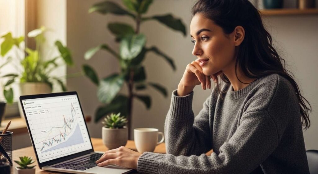 Young woman confidently researching investment strategies on laptop at home office desk