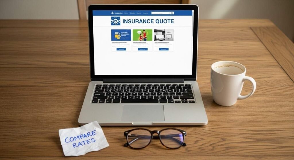 Laptop showing car insurance quote comparison on a home dining table