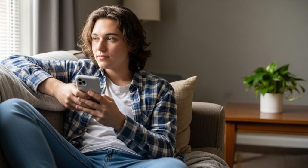 Young person checking car insurance rates on smartphone from home couch