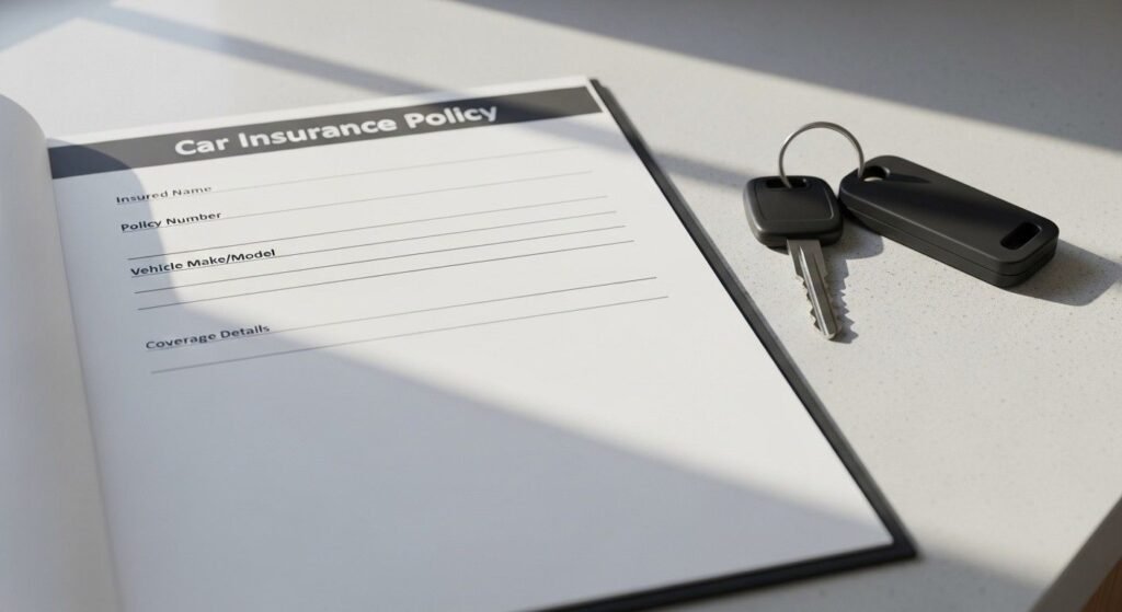 Car insurance policy papers and car keys on a kitchen counter