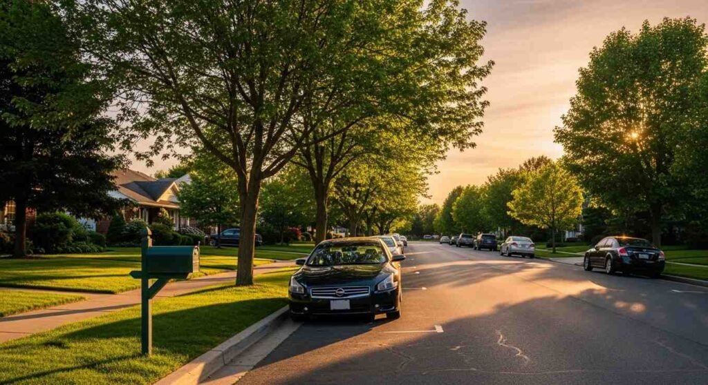 Residential street with parked sedans including a nissan maxima insurance at sunset